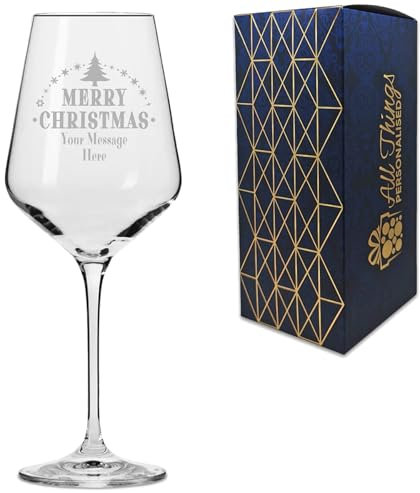 Personalised Engraved Novelty Christmas 390ml Crystal Wine Glass with Merry Christmas Tree Design, Customise with Any Name or Message, Gift Box Included, Laser Engraved