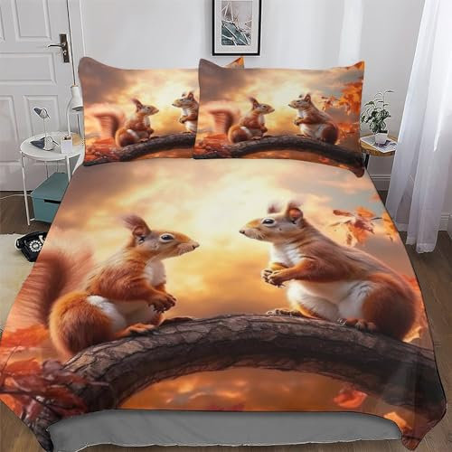 AAPZY Eichhörnchen Bettwäsche-Set, 3D Motiv, Bettbezug 2teilig Mit Kopfkissenbezug Für Jungen Mädchen Schlafzimmer Atmungsaktiv Mikrofaser Deckenbezug Single (135x200cm)