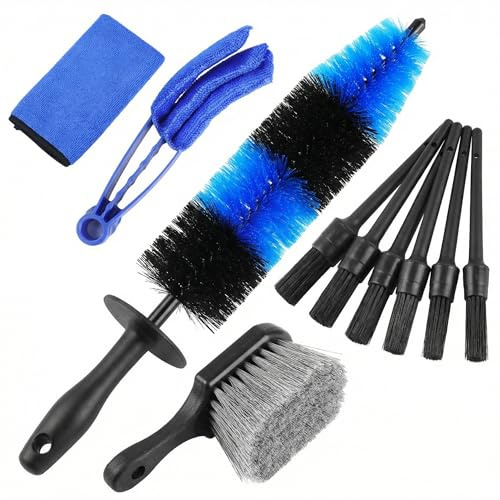 QWORK® 9PCS Car Cleaning Brush Set with Long-Handled Wheel Brush, Tire Brush, 5 Detail Brushes, Air Vent Brush and Drying Towel