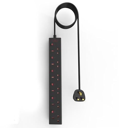 EXTRASTAR 6 Way Extension Lead with Surge Protection, Individually Switched Extension Socket 13A UK Plug, 6 Gang Wall Mounted Extension Cable 1M Black