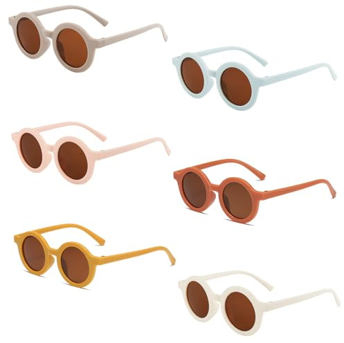 YanBous Juego de 6 Pares de Gafas de Sol para Niños – Gafas de Sol Polarizadas UV400, Diseño Retro Redondo para Niños & Niñas, Perfectas para Outdoor, Playa & Deporte (0-8 años)