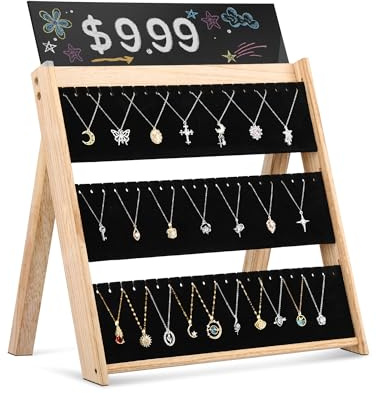 Bulado 3-Tier Foldable Jewelry Display Stand with 66 Slots, Wooden Chain Necklace Holder for Craft Shows and Storage
