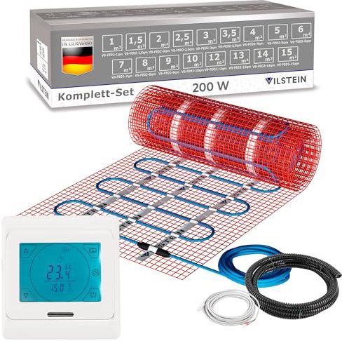 VILSTEIN Elektrische Fußbodenheizung 200W/m², für Fliesen Laminat und mehr, Komplett-Set, TWIN Technologie Heizsystem, Fußboden Heizmatte, 7.0x0.5m - 3,5qm