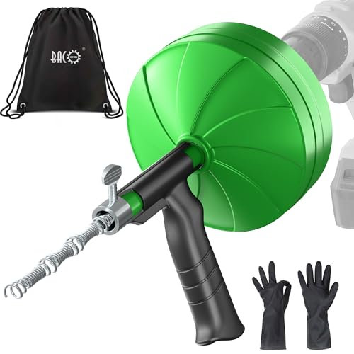 BACOENG Desatascador Tuberias Profesional con Barrena Pesada de 15 M, Alambre Desatascador Tuberias con Adaptador de Taladro - Se Adapta a Casi Todos los Desagües, con Guantes Incluidos, Verde