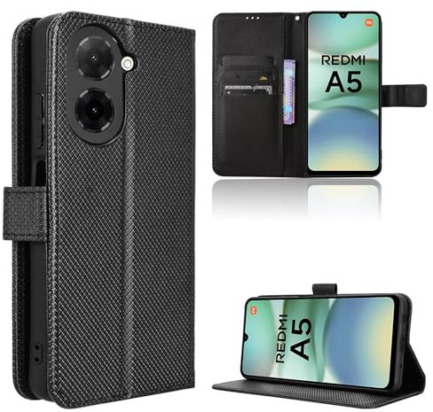 Rojeuinn Hülle für Xiaomi Redmi A5 Handyhülle-Hülle Stoßfest Case Cover-Handy Case in Premium Kohlefaser [Klappbar Flip] [Standfunktion Tasche] -Schwarz