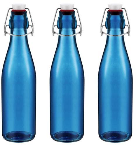 Teenyyou 3 Pcs Blue Glass Bottle 500 ml / 16.9oz Decorative Bottles Blue Swing Top Glass Bottles with Airtight Lid for Homemade Wine DIY Make Your Own Drinks, Decoration for Centerpieces