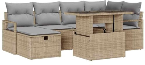 vidaXL 7-teiliges Garten-Sofa-Set mit Kissen in Beige und Hellgrau aus Poly-Rattan. Bequeme Sitzgelegenheit für draußen, modular designt. Wetterfest und perfekt für Balkon und Terrasse.