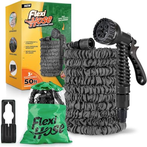 Flexi Hose 50FT Expandable Garden Hose, Retractable Water Hose, Black | Includes Spray Nozzle with Multiple Functions, Perfect for Garden Watering, Lawn Care, Car Washing & Outdoor Cleaning