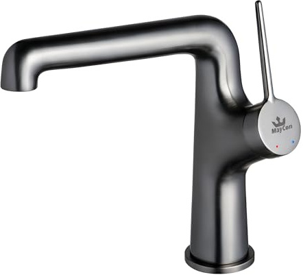 MayCon Mitigeur Salle De Bain | Robinet Pour Lavabo | Monotrou en Laiton Massif | Design Moderne Industriel | Finition Gunmetal | Brossé Gris Noir | Mitigeur Haut | Accessoires Inclus | ARVIS BS-307-G