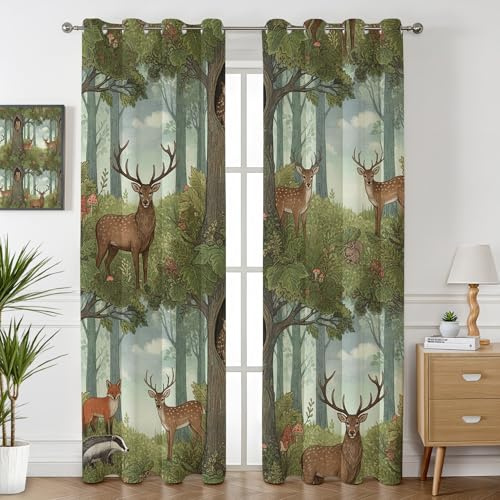 Havenix Waldtiere Vorhänge Blickdicht Wohnzimmer Hirsch REH Fuchs Kinderzimmer Vorhang mit ösen Gardinen 137 cm Hoch 2er Set Verdunklungsvorhänge für Schlafzimmer Fenster