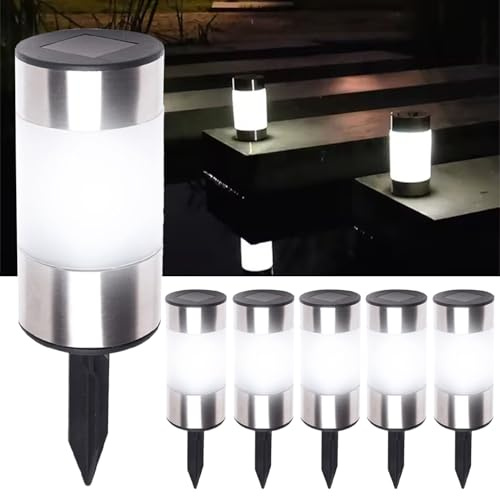 Groupe DDC Lot de 6 Bornes Solaires Jardin LED Inox - Lumière Solaire à Planter 4000K - Étanches IP44 - Pose ou Piquet - Éclairage Extérieur Terrasse Allée Sans Fil (6)