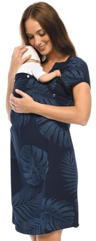 MijaCulture 3 in1 Geburtskleid Stillnachthemd Umstandsnachthemd 4123 (XXXL / EU46, Dunkelblau/Palmen)