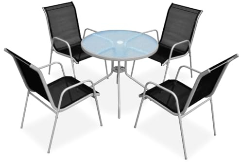 Holamys 5-TLG. Garten-Essgruppe, Schwarz pulverbeschichteter Stahl, 80cm runder Tisch mit 5mm Glasplatte, 4 stapelbare Textilene Stühle, wetterfestes Outdoor Terrassenmöbel Set