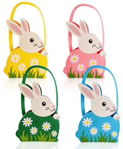 Scinzene 4 Stück Bunte Osterkörbchen Filz, Niedlicher Osterkorb Hase mit Henkel, Ideal als Filztasche Klein für Osternester, Geschenktüten und Easter Decoration