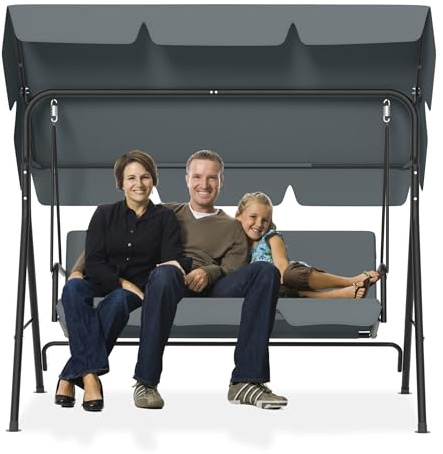 PEILU 176x110x152cm Hollywoodschaukeln mit Sonnendach & Sitzauflage & Stahl Rahmen, 3-Sitzer Garten Schaukelbank belast bis 200KG, Schaukelbank Gartenliege für Outdoor & Indoor (Anthrazit)