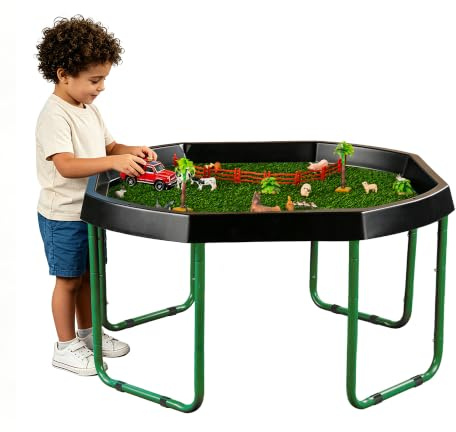 Tenmind 47.2 Black Tuff Tray with Grass Play Mat, Adjustable Activity Table with Sensory Tray with Stand – Outdoor Messy Play and Learning for Toddlers and Children