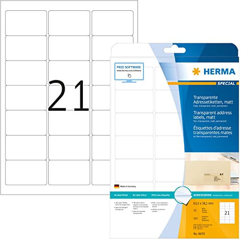 HERMA 8670 Wetterfeste Folienetiketten transparent, 25 Blatt, 63,5 x 38,1 mm, 21 pro A4 Bogen, 525 Stück, selbstklebend, bedruckbar, matt, blanko Klebeetiketten Aufkleber aus Folie, durchsichtig