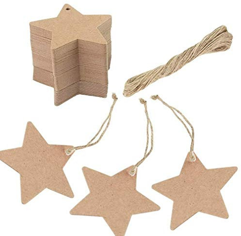 JZK 100stk Braun Stern Kraftpapier Geschenkanhänger + 20m Jute Hanfseil, klein Karte Etiketten sternförmig papier Anhänger Geschenk für Gastgeschenk Box Lesezeichen DIY Hochzeit Geburtstag Party
