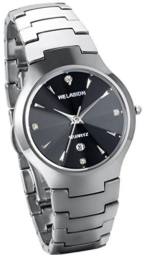 JewelryWe Herren Armbanduhr, Analog Quarz, Klassiker Luxus Kalender Business Casual Uhr mit Silber Wolfram Stahl Wolframcarbid Armband & Schwarz Runde Zifferblatt