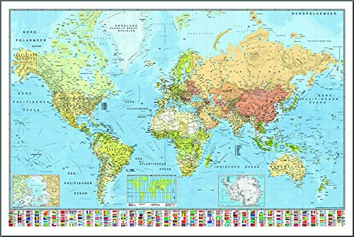 Weltkarte Die Welt Poster - deutsch - aktueller Stand, mit Flaggen, 91,5 x 61 cm + Ü-Poster