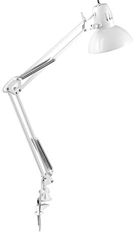 Globe Electric 52847 31.5 Inch Swing Arm Clamp-On White Desk Lamp with Nickel Accents, On/Off Rotary Switch, Book Reading Light, Home Essentials, Office Décor, LED Bulb Compatible