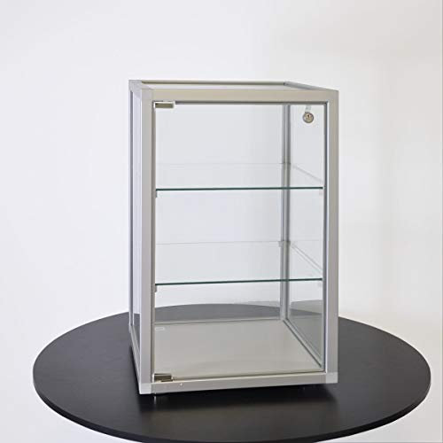 MHN Schmuckvitrine 41,5x41,5x63,5 cm – Unbeleuchtete Aufsatz-Vitrine, abschließbar, mit Schloss – Sicherheitsglas, Alurahmen – Ideal für Uhren, Schmuck, Modelle, Ausstellungen