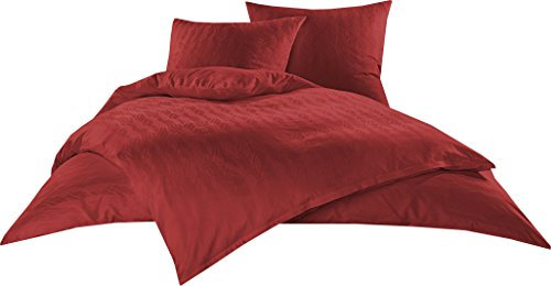 Bettwaesche-mit-Stil Mako Satin Damast Bettwäsche Waves Rot (240 cm x 220 cm + 2X 80x80cm Kissen)
