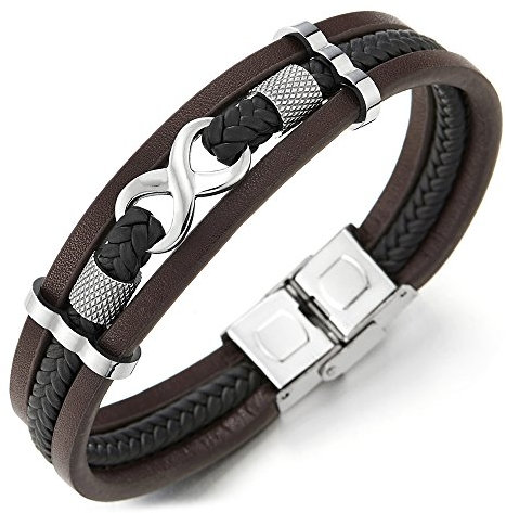 COOLSTEELANDBEYOND DREI Reihen Infinity Liebe Unendlich Number 8 Verflochtenen Braun Schwarz Geflochtene Leder Armband für Herren Damen