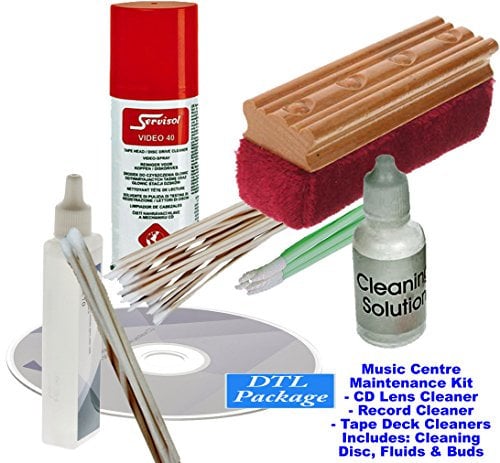 Effective Cleaning Music Centre Maintenance Kit + Vinyl Record Brush. Inc: Video 40 Cleaning Spray, Cotton & Foam Cleaning Buds, CD Disc Cleaner (Record Player, CD Lens & Tape Recorder Cleaning Kit)