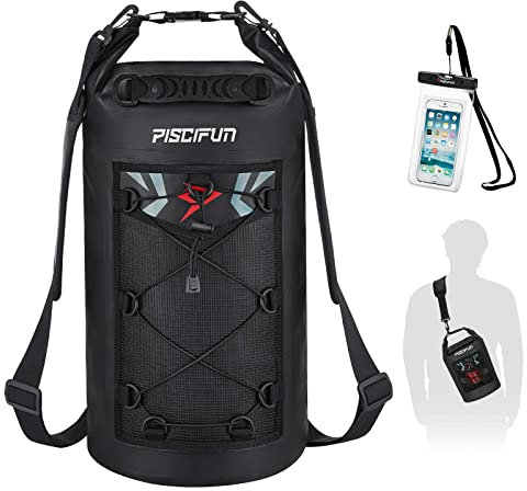 Piscifun Wasserdicht Dry Bag Rucksack Schwimm Dry Rucksack für Wassersport - Angeln Segeln Kajak Surfen Rafting Camping Geschenke für Männer und Frauen, die frei wasserdichte Schutztasche Schwarz 20L