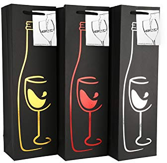 EVG 6 Pack Black Wine Gift Bags with Gift Tag and Handles | Silhouette Glass Vine Design | Wine Bottle Carrier | H: 39 cm x W: 12 cm x D: 9 cm