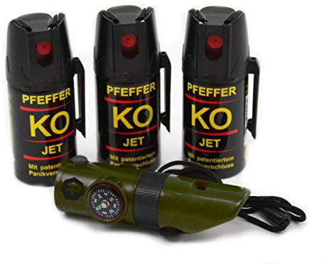 HDmirrorR BALLISTOL Verteidigungsspray Pfeffer KO Jet 3 Dosen mit je 40 ml Pfefferspray bis zu 5 m Reichweite inkl. Signalpfeife 6in1