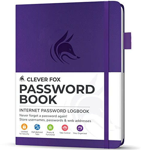 Clever Fox Passwortbuch mit Registerkarten - Adress- und Passwort-Organisationsbuch mit alphabetischen Registerkarten - Kleines Passwortbuch für Computer- und Website-Logins, Lila