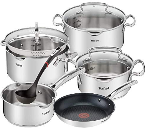 Tefal A859S8 9-Teiliges Induktion Topfset + Glasdeckel mit Siebfunktion + Suppenkelle und Einlage Pfanne, Hochwertig polierte Edelstahl Töpfe mit Siebdeckel, Antihaft Bratpfanne, 18/10 Stahl