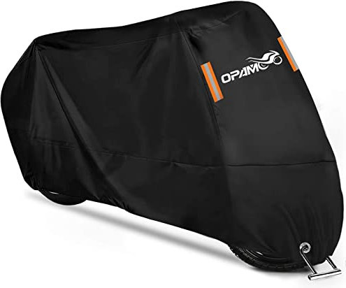 opamoo Motorrad Abdeckplane Wasserdicht 190T Motorradabdeckung mit Schlosslöcher Outdoor Motorradgarage mit 2 Reflexionsstreifen Motorradplane vor UV Regen Schnee Staub Guano -245x105x125cm