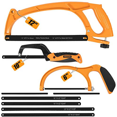 BEETRO Hacksaw Frame Set - 3 Sizes (12'' Standard, 6'' Junior and 10'' Mini Hacksaw) with 6 Extra Blades and Nylon Carrying Bag, Perfect for Metal, Wood, PVC Pipes