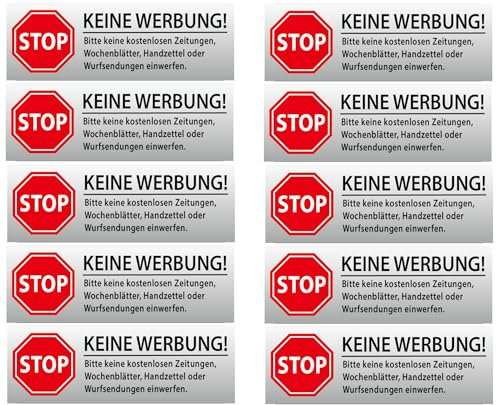 10 x Brandengel® Keine Werbung Aufkleber - Schild grau schattiert Folie (Stop Bitte Keine Kostenlose Zeitung, Flyer, Handzettel, Wurfsendungen, Wochenblätter, Werbung) für den Briefkasten - 10 Stück