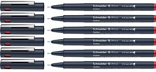 Schneider Pictus Fineliner (Strichstärke 0,5 mm, dokumentenechte Pigmentliner, metallgefasste Spitze, Gehäuse aus 85% recyceltem Kunststoff) 6er Pack, rot