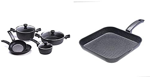 Moneta Etnea Batteria Professional Set da 8 Pezzi, 2 Padelle da 20 e 26 cm, Pentolino 1 Manico 16 cm, Pentola Grande 24 cm 2 Manici & Etnea Bistecchiera, Alluminio, Nero, 28 x 28 cm