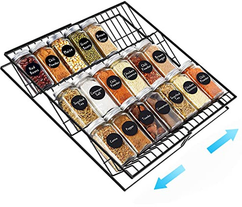 Housolution Especiero para Cajones de Cocina, Organizador de Especias de Metal Extensible con 3 Niveles, Se Expande de 20cm a 40cm, Estante de Especias Para Cajón Despensa, Negro