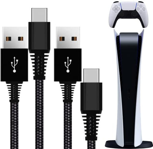 Primicity PS5 Controller Charger Cable 2 Pack- Black Nylon Braided PS5 Charging Cable (2M) (7FT Long Chargers) Dual Sense Charger Ps5 - Ps5 Cable- USB-C Wire (UK SELLER)