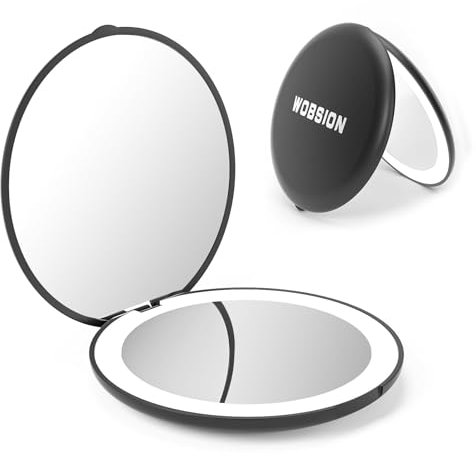 WOBSION Compact Mirror with Light, 1x/10x Magnifying Travel Makeup Mirror, LED Pocket Mirrors for Purse and Handbag, Handheld 2-Sided Small Folding Mirrors, Round, Black