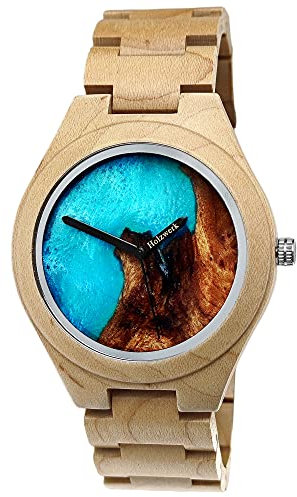 Holzwerk Germany Handgefertigte Designer Herren-Uhr Epoxidharz Öko Natur Holz-Uhr Armband-Uhr Analog Klassisch Quarz-Uhr Braun Ahorn Blau mit Epoxid Harz Zifferblatt (Buche)