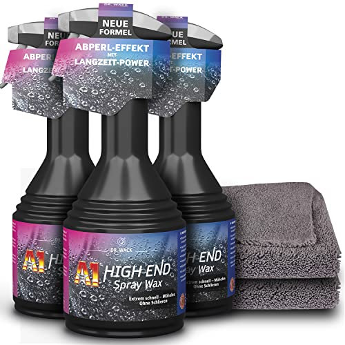 detailzone Auto Pflege Set: 3x Dr. Wack A1 HIGH END Spray Wax Lack-Versiegelung, Wachsversiegelung + 2x Premium Mikrofaser 520GSM Poliertuch