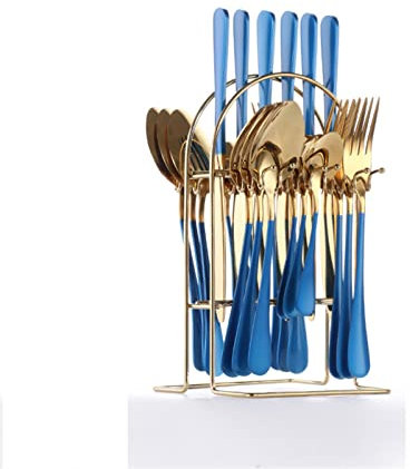 GIBZ Besteck Set 24 Stück mit Organizer bunt Besteck Edelstahl Messer und Gabel Besteckset Spülmaschinenfest 6 Personen für Küche, Blaues Gold