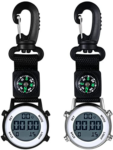 JewelryWe 2pcs Karabineruhr Digital Clip on Quarzuhr Karabiner Taschenuhr mit Leuchtendem Zifferblatt Kalender Wecker Kompass, FOB Uhr für Ärzte Krankenschwestern Sanitäter Köche Sport Unisex