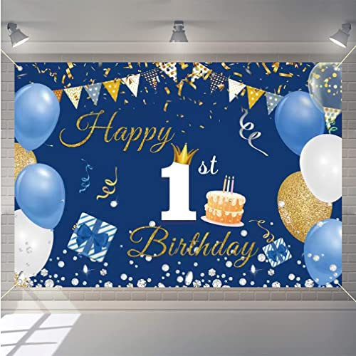 Decoración de primer cumpleaños, pancarta de fondo de feliz primer cumpleaños para niños y niñas, póster de tela de feliz 1 año, fondo de fotografía azul