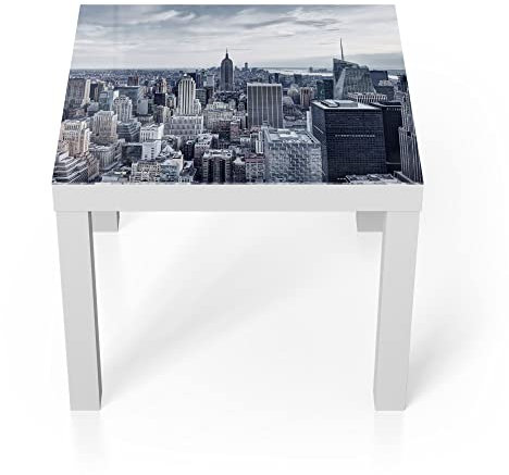 DEQORI Glastisch | weiß klein 55x55 cm | Motiv Blaue Skyline New York | ausgefallener Beistelltisch aus Glas | Hochglanz Couchtisch fürs Wohnzimmer | moderner Couch Tisch mit Design