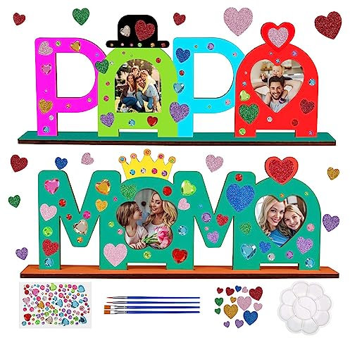 LOOPES Papa Mama Geburtstag Geschenk MAMA PAPA Holzbuchstaben Bastelset Holz Bilderrahmen Holznamen Bemalen Fotos Ankleben für Mutter Vater Geburtstag Muttertag Vatertag Geschenke