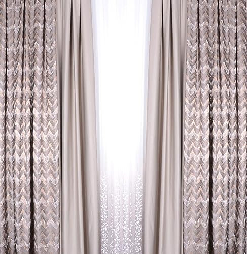 2x Set Luxus fertig Vorhänge Gardine nach Maß Jacquard 3D Textur klassisch Zickzack Muster Taupe Beige Grau Wohnzimmer Schlafzimmer Haus Wohnung Villa 140 cm breit 140 - 300 cm Lang (260 x140 cm)